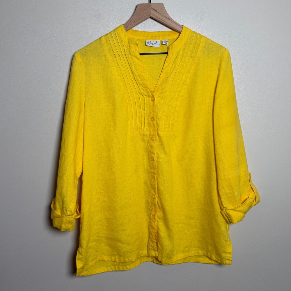 Kim Rogers Womens 100% Linen Button Up Shirt Medium Yellow Pintuck Roll Tab